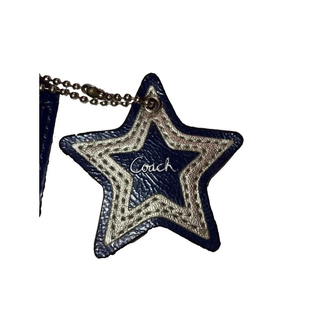 Coach Leather 2 Bag Charms Star Logo Leather Navy Silver Keychain
